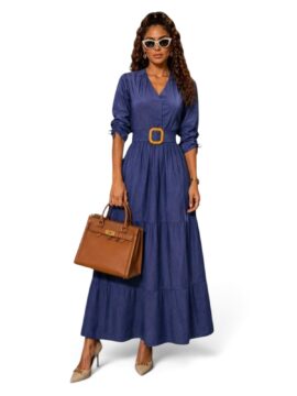 VN-47113 Vestido Largo Cuello V, Manga Puff Resortado Bengalina Denim Con Fajon