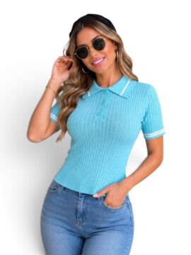 BI-MZ5798 Blusa Hilo Cuello Polo Linea Blanca