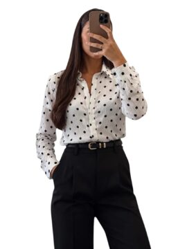 BI-TY-116 Camisa Manga Larga Con Botones Plisada Blanca Bolas Negras