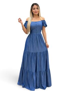 VI-Y351 Vestido Chambray Manga Bombacha Resortado